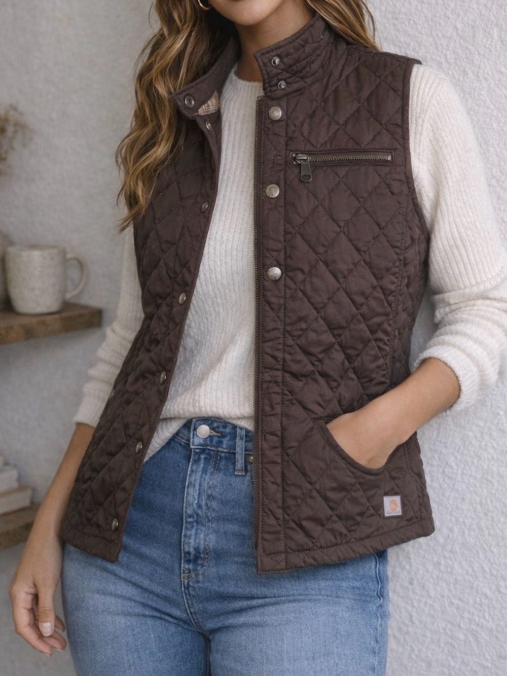 Carhartt Women’s Quilted Vest Brown Plaid Lined Snap Front Workwear XS